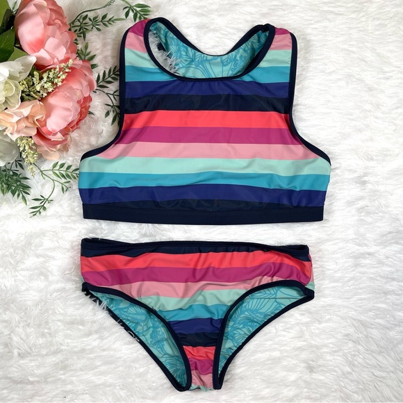 Eddie Bauer 3 Piece Set Reversible Girls Swimsuit Tankini Bakini Rash Guard Sz L - Picture 4 of 8